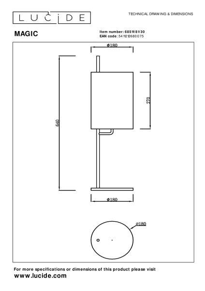 Lucide MAGIC - Lampe de table - Ø 18 cm - 1xE27 - Noir - technique